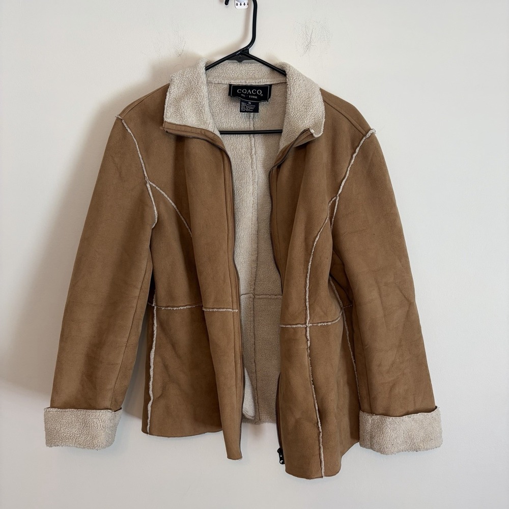 COACO New York VTG Faux Suede Shearling Lined Jacket Tan Zip Coat Y2K Size Small